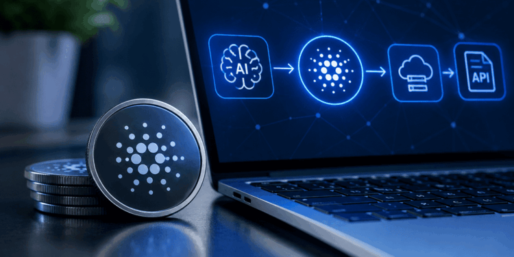 Monedas de Cardano junto a una laptop con conexión entre IA, blockchain y servicios digitales.