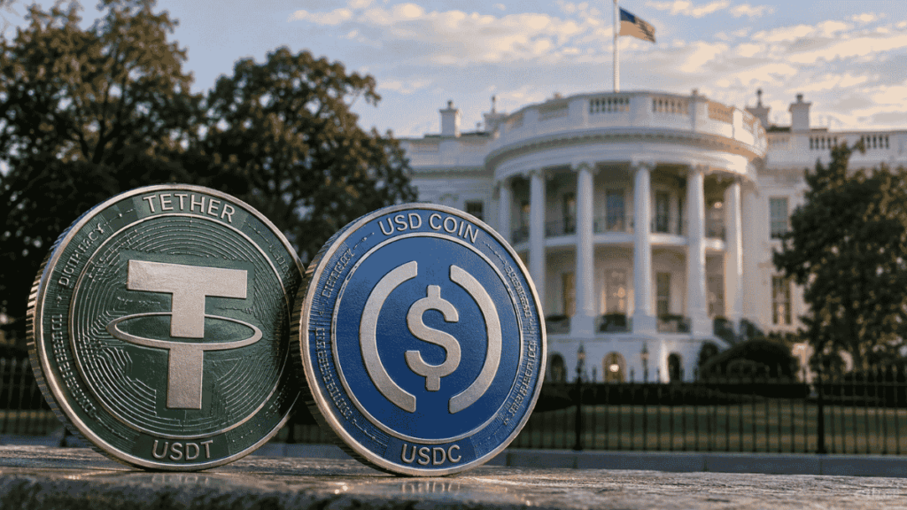 Monedas de USDT y USDC delante de la Casa Blanca.