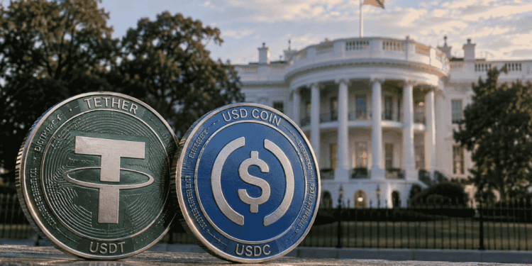 Monedas de USDT y USDC delante de la Casa Blanca.