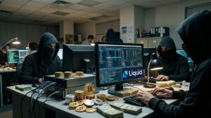 Monedas de bitcoin, con hackers con la cara encapuchada, dólares, en una oficina, y que aparezca el logo de Liquid en la computadora.