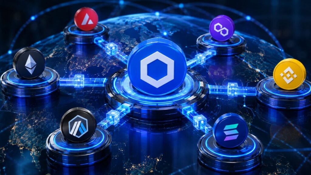 Logo de Chainlink en el centro conectado a red global con iconos de Ethereum, Solana, Polygon, Avalanche, BNB Chain y Arbitrum.