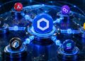 Logo de Chainlink en el centro conectado a red global con iconos de Ethereum, Solana, Polygon, Avalanche, BNB Chain y Arbitrum.