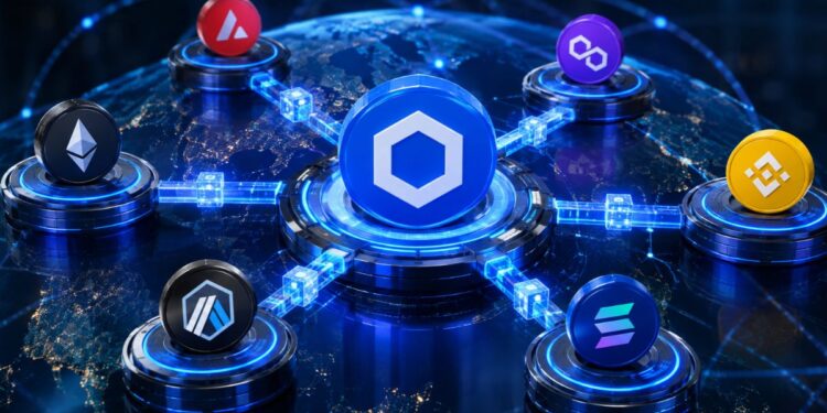 Logo de Chainlink en el centro conectado a red global con iconos de Ethereum, Solana, Polygon, Avalanche, BNB Chain y Arbitrum.