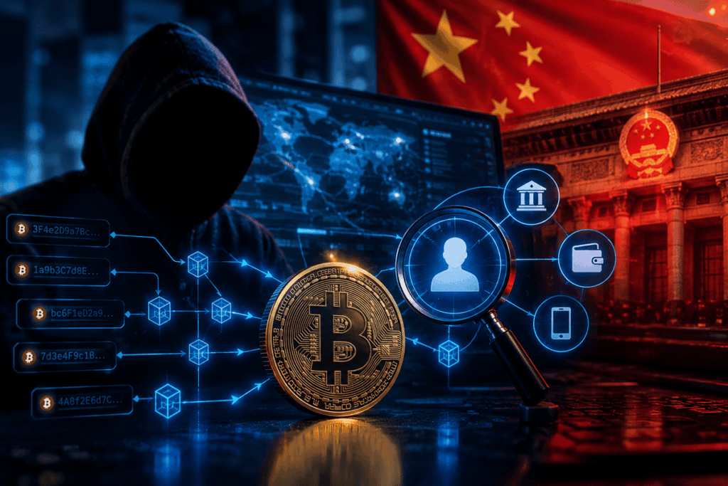 Bitcoin rodeado de rastros digitales, una lupa de identidad y la bandera de China.