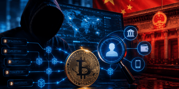 Bitcoin rodeado de rastros digitales, una lupa de identidad y la bandera de China.