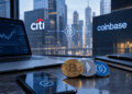 Imágenes del banco citigroup de fondo con criptomonedas en una mesa y una computadora
