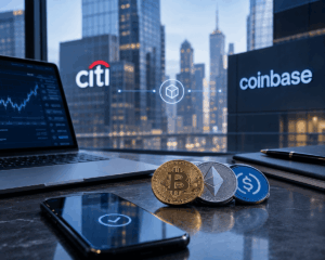 Imágenes del banco citigroup de fondo con criptomonedas en una mesa y una computadora