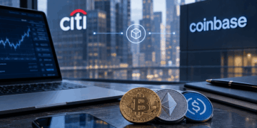 Imágenes del banco citigroup de fondo con criptomonedas en una mesa y una computadora