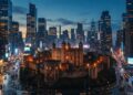 A small ancient stone citadel standing intact in the middle of a dense modern city at dusk, surrounded by glass towers lit by thousands of glowing screens and billboards, the citadel lit only by warm firelight from within, cinematic wide shot, muted blue and amber palette, painterly realism