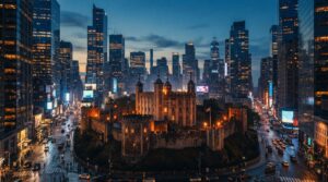 A small ancient stone citadel standing intact in the middle of a dense modern city at dusk, surrounded by glass towers lit by thousands of glowing screens and billboards, the citadel lit only by warm firelight from within, cinematic wide shot, muted blue and amber palette, painterly realism