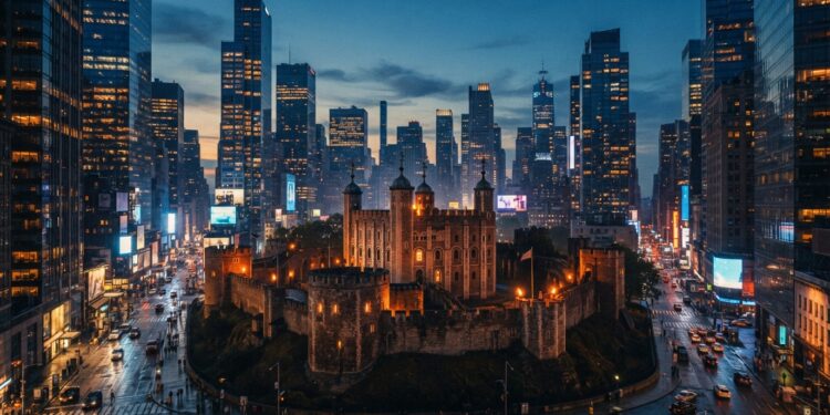 A small ancient stone citadel standing intact in the middle of a dense modern city at dusk, surrounded by glass towers lit by thousands of glowing screens and billboards, the citadel lit only by warm firelight from within, cinematic wide shot, muted blue and amber palette, painterly realism