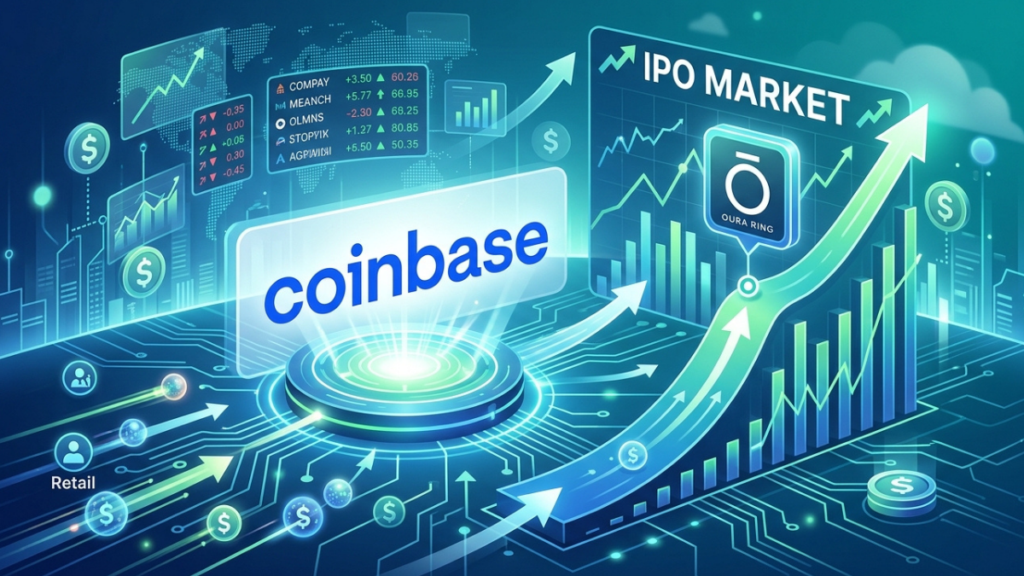 Ilustración digital en tonos azules sobre acceso de inversores minoristas a salidas a bolsa (IPO) en Coinbase, con gráficos de mercado y el logo de Oura Ring.
