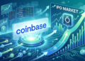 Ilustración digital en tonos azules sobre acceso de inversores minoristas a salidas a bolsa (IPO) en Coinbase, con gráficos de mercado y el logo de Oura Ring.