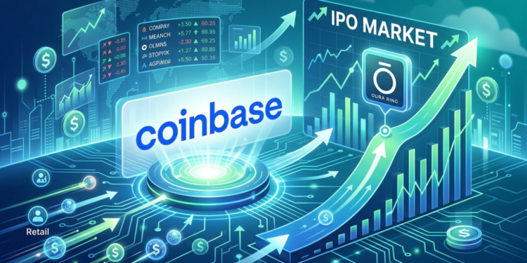 Ilustración digital en tonos azules sobre acceso de inversores minoristas a salidas a bolsa (IPO) en Coinbase, con gráficos de mercado y el logo de Oura Ring.