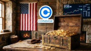 Un cofre con bitcoin, la bandera de EEUU y el logo de Coinbase en el fondo.