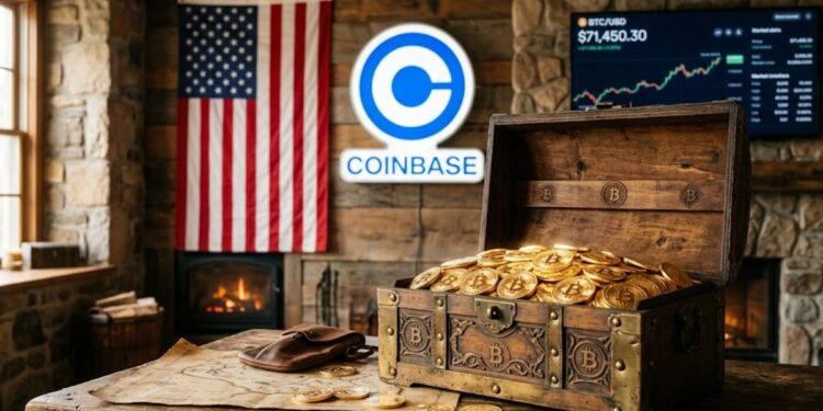 Un cofre con bitcoin, la bandera de EEUU y el logo de Coinbase en el fondo.