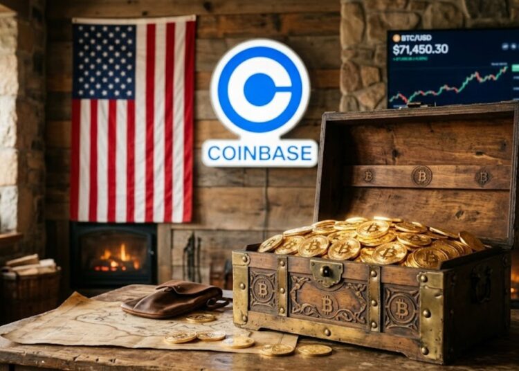 Un cofre con bitcoin, la bandera de EEUU y el logo de Coinbase en el fondo.