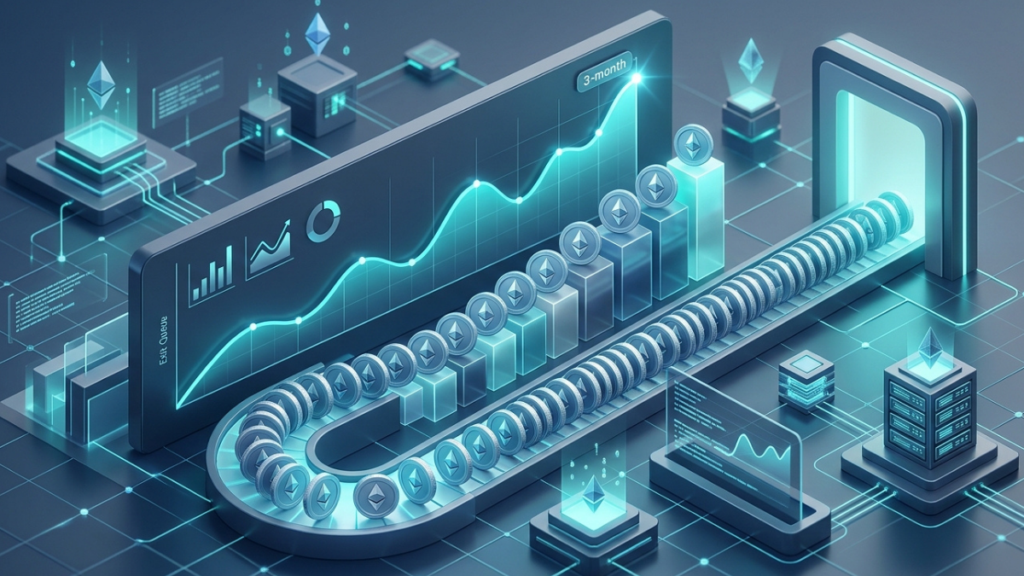 Representación 3D del concepto de cola de salida de Ethereum con monedas alineadas y gráficos financieros en ascenso.