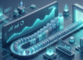 Representación 3D del concepto de cola de salida de Ethereum con monedas alineadas y gráficos financieros en ascenso.