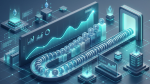 Representación 3D del concepto de cola de salida de Ethereum con monedas alineadas y gráficos financieros en ascenso.