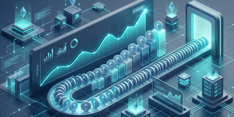 Representación 3D del concepto de cola de salida de Ethereum con monedas alineadas y gráficos financieros en ascenso.