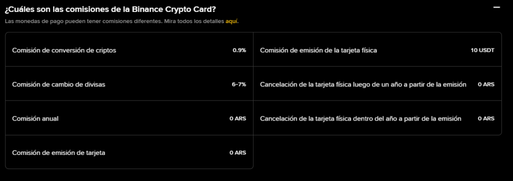 Comisiones de la tarjeta Binance según su sitio web.