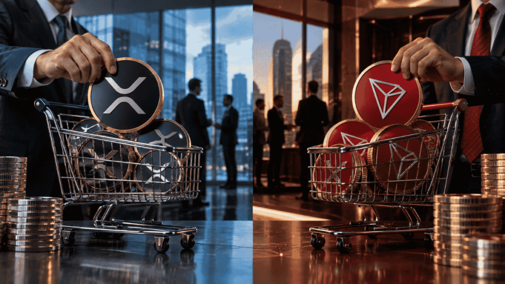 Imagen que simboliza a las empresas comprando XRP y TRX.