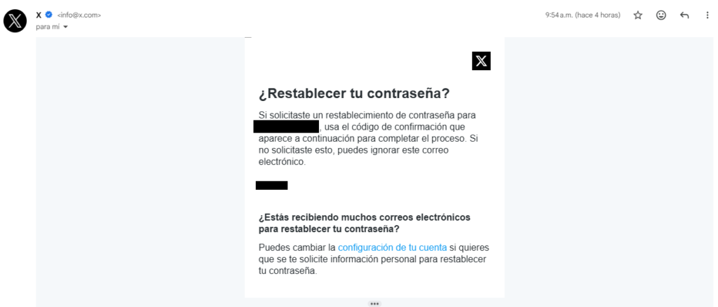 Captura de pantalla de un correo electrónico recibido por un usuario de X.
