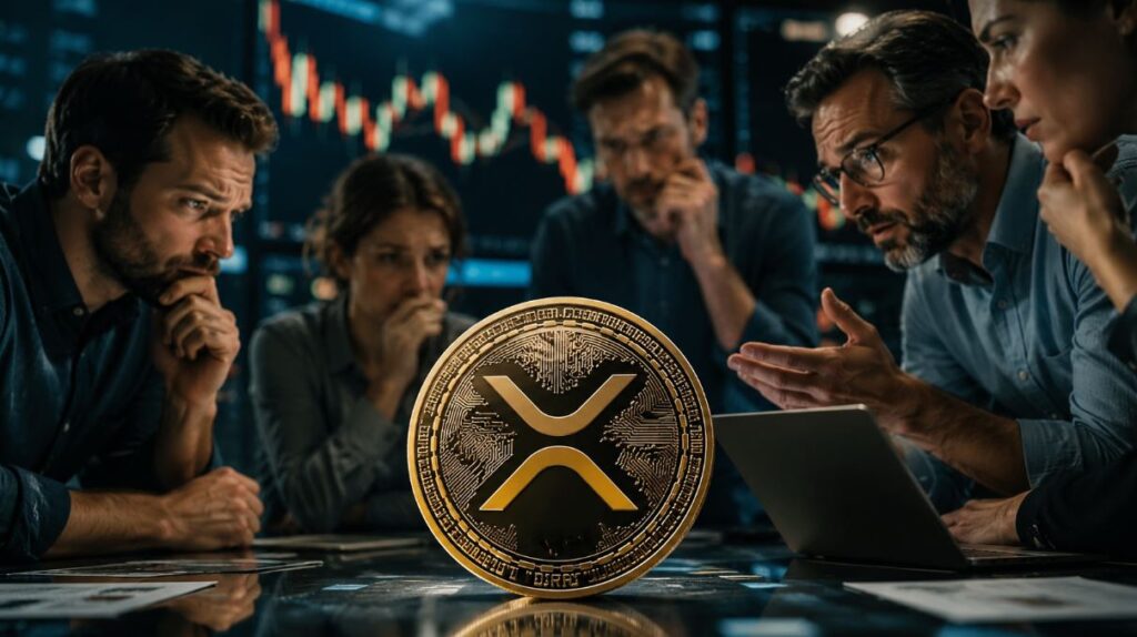Una moneda física de XRP es observada por un grupo de personas.
