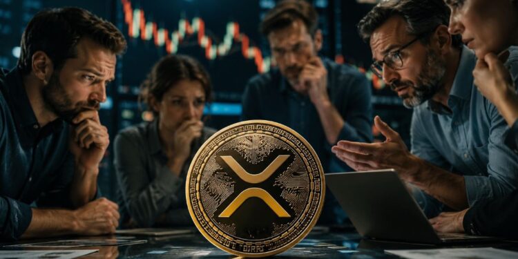 Una moneda física de XRP es observada por un grupo de personas.