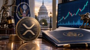 Una criptomoneda de XRP junto al proyecto de Ley Clarity y a una pantalla que muestra un gráfico de precio.