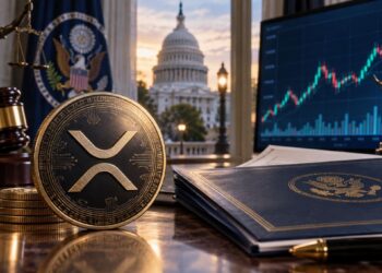Una criptomoneda de XRP junto al proyecto de Ley Clarity y a una pantalla que muestra un gráfico de precio.