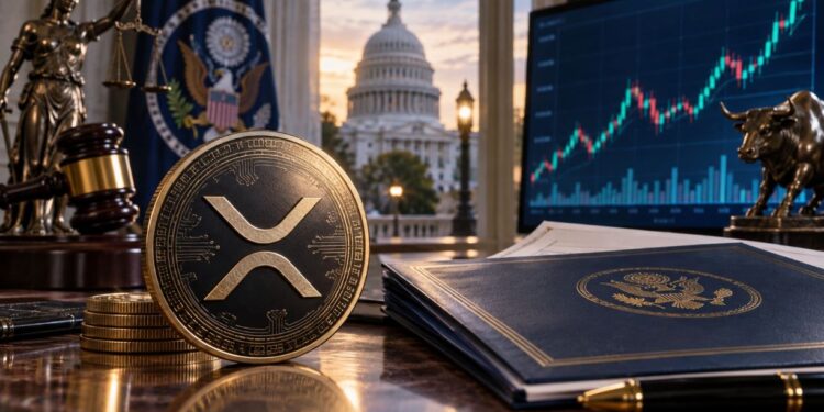 Una criptomoneda de XRP junto al proyecto de Ley Clarity y a una pantalla que muestra un gráfico de precio.