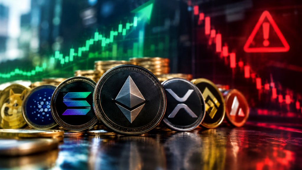 Monedas de criptomonedas con gráficos financieros de alza, caída y un símbolo de advertencia.