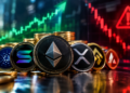 Monedas de criptomonedas con gráficos financieros de alza, caída y un símbolo de advertencia.