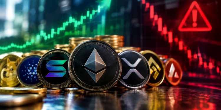 Monedas de criptomonedas con gráficos financieros de alza, caída y un símbolo de advertencia.