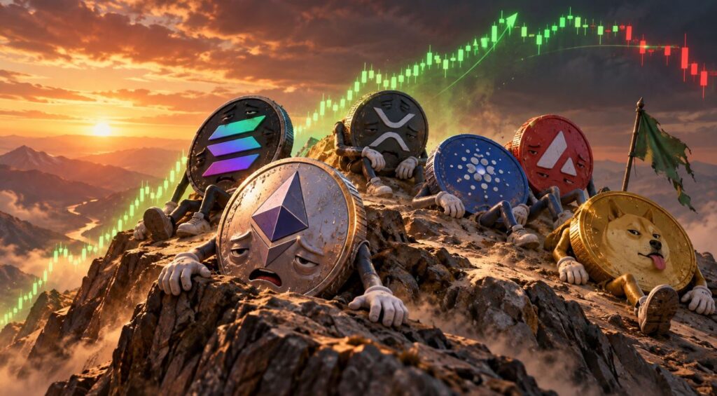 Monedas físicas de ethereum, solana, XRP, entre otros, escalando una montaña.