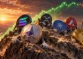Monedas físicas de ethereum, solana, XRP, entre otros, escalando una montaña.