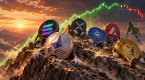 Monedas físicas de ethereum, solana, XRP, entre otros, escalando una montaña.