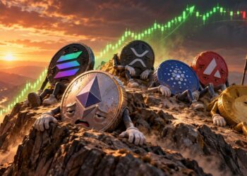 Monedas físicas de ethereum, solana, XRP, entre otros, escalando una montaña.