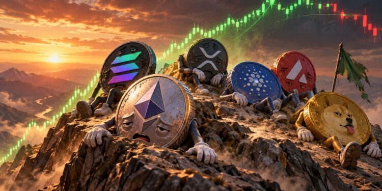 Monedas físicas de ethereum, solana, XRP, entre otros, escalando una montaña.