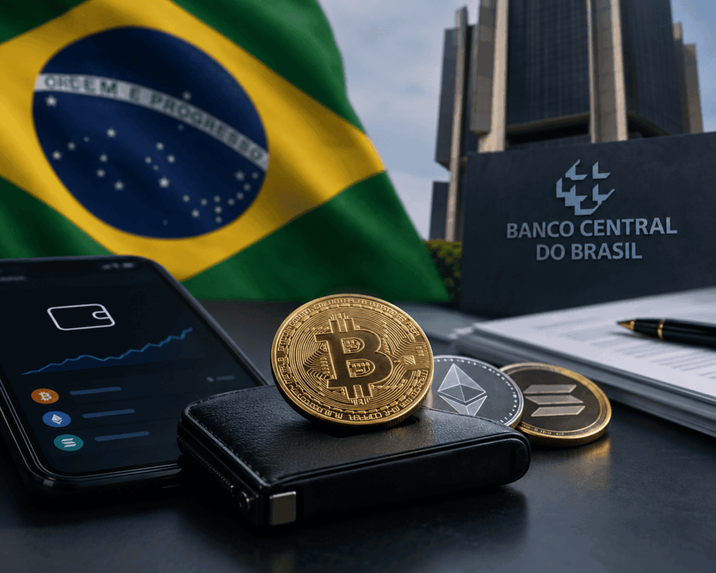 Monedas de bitcoin y criptomonedas con la bandera de Brasil y el Banco Central atrás