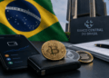 Monedas de bitcoin y criptomonedas con la bandera de Brasil y el Banco Central atrás