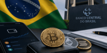 Monedas de bitcoin y criptomonedas con la bandera de Brasil y el Banco Central atrás
