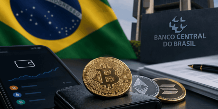 Monedas de bitcoin y criptomonedas con la bandera de Brasil y el Banco Central atrás