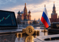 Una computadora con gráficos de velas, bandera de Rusia y moneda de bitcoin