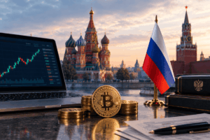 Una computadora con gráficos de velas, bandera de Rusia y moneda de bitcoin