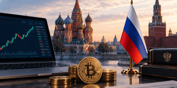 Una computadora con gráficos de velas, bandera de Rusia y moneda de bitcoin