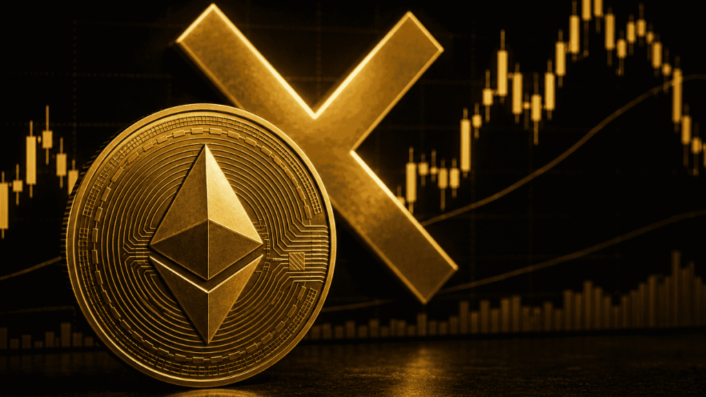 Moneda de eth, una cruz dorada y un gráfico genérico de trading.