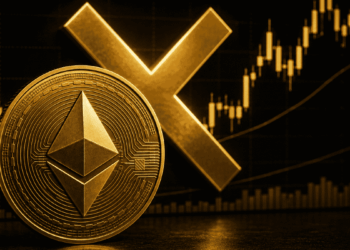 Moneda de eth, una cruz dorada y un gráfico genérico de trading.